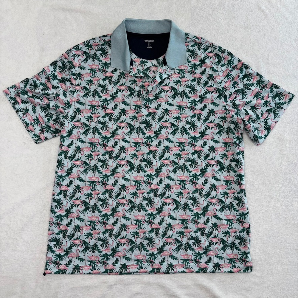 Flamingo Palm Tropical Print Polo Shirt Blue Pink - Men's Size XL